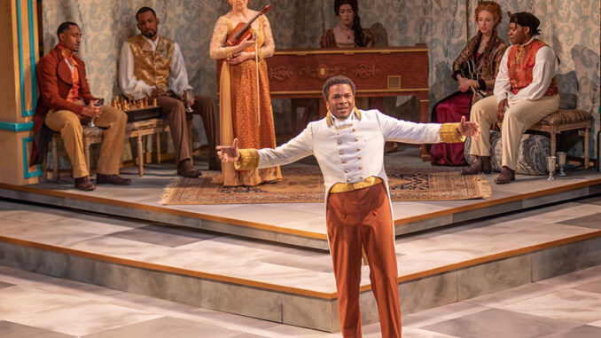 Biko Eisen-Martin as Orisno with the cast of Twelfth Night. Photo by Jim Cox.
